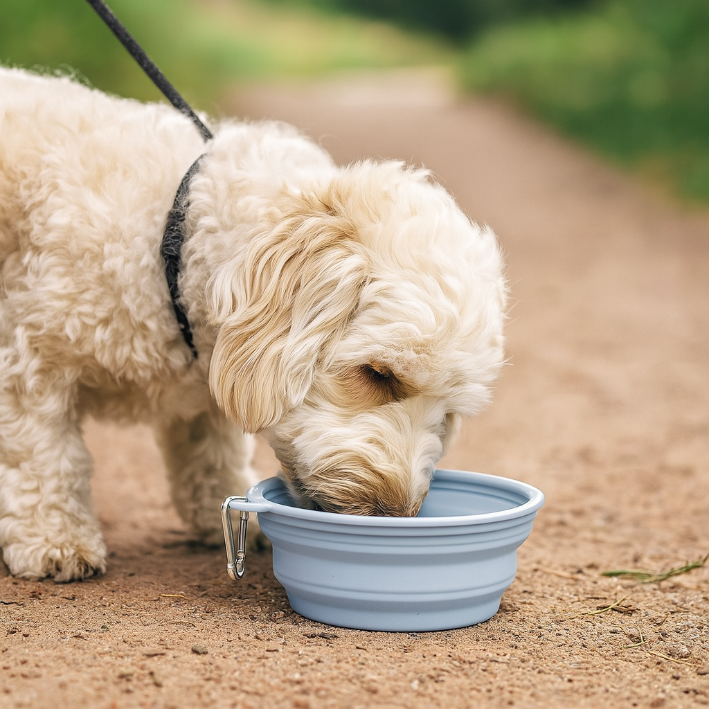 Petit chien blanc buvant dans la gamelle pour chien pliante de couleur blanc. Le petit chien est frisoté. Le chien est tenu par une laisse noir sur un chemin de terre avec de l'herbe verte autour. image produit Boutiquechien