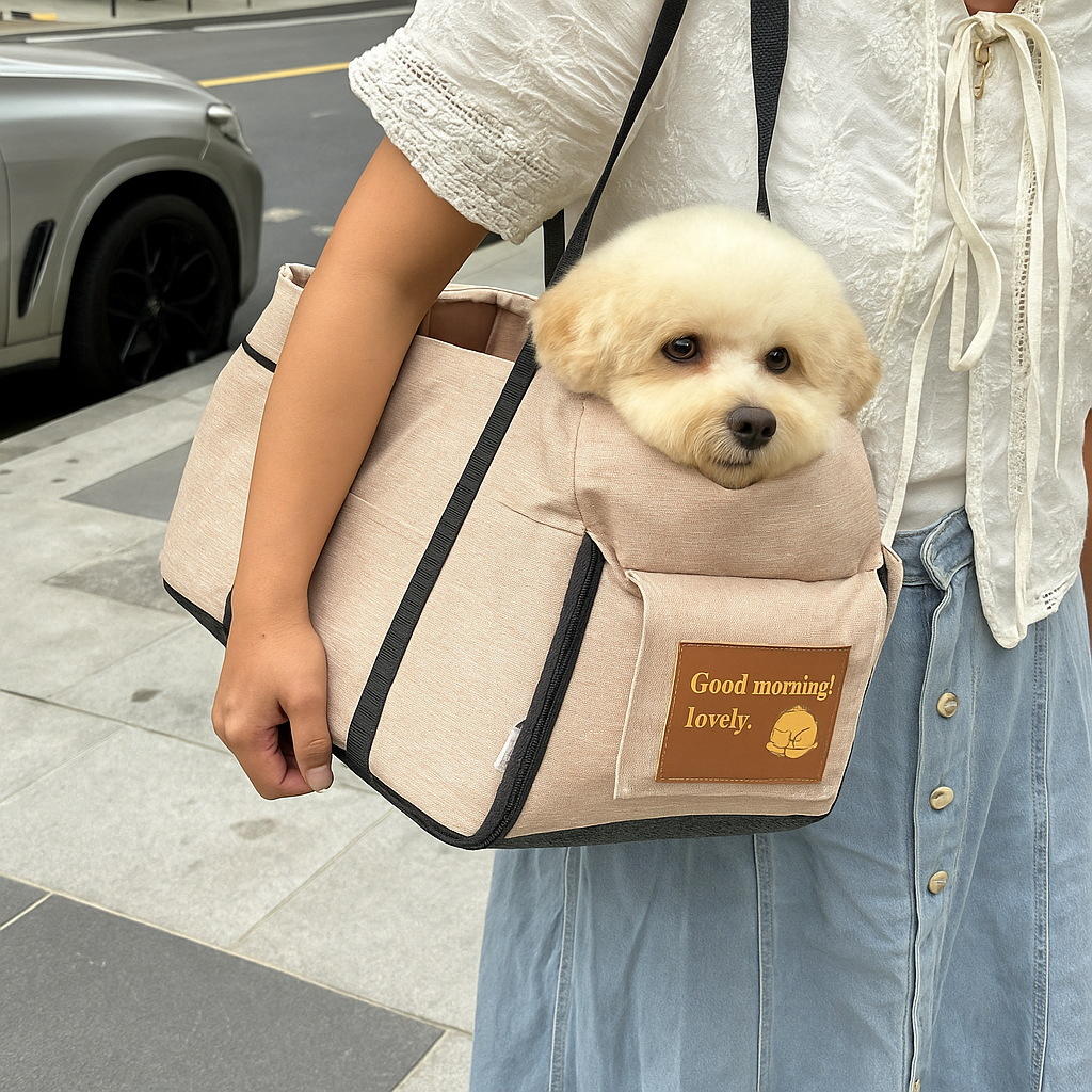Petit chie blanc couché dans son sac de transport de couleur rose pâle. Le sac est tenu par une femme habillé en blanc et bleu. Image produit Boutiquechien Image