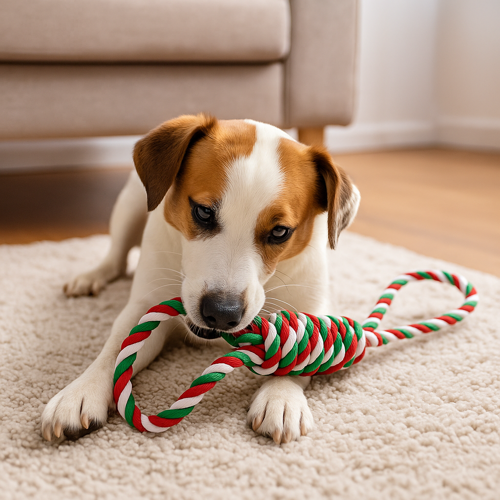 Chien jouant avec un jouet chien en corde résistant de couleur de Noel. Le chien est couché sur un tapis de couleur blanc devant un canapé de couleur gris. Image produit Boutiquechien Image