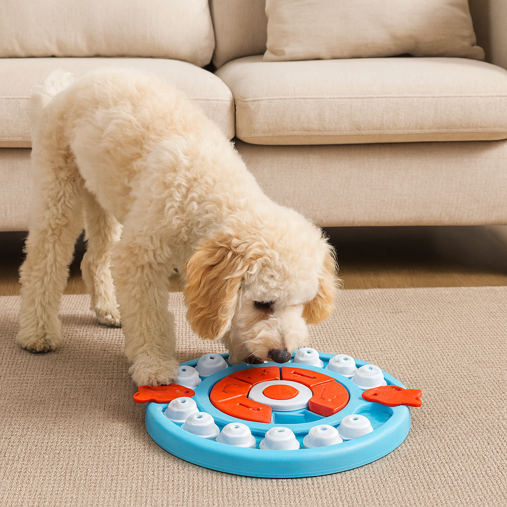 chien blanc jouant avec son puzzle pour chien de couleur bleu, blanc et rouge. Le puzzle possède des formes de poissons de couleur rouge avec en fond un canapé gris. image produit Boutiquechien