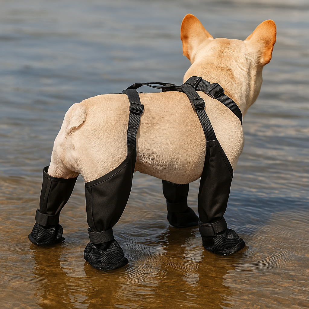 Chien de couleur blanc portant des bottes pour chiens hautes avec maintien. le chien à les pattes dans l'eau bleu protégé par les bottes pour chiens. Image produit Boutiquechien