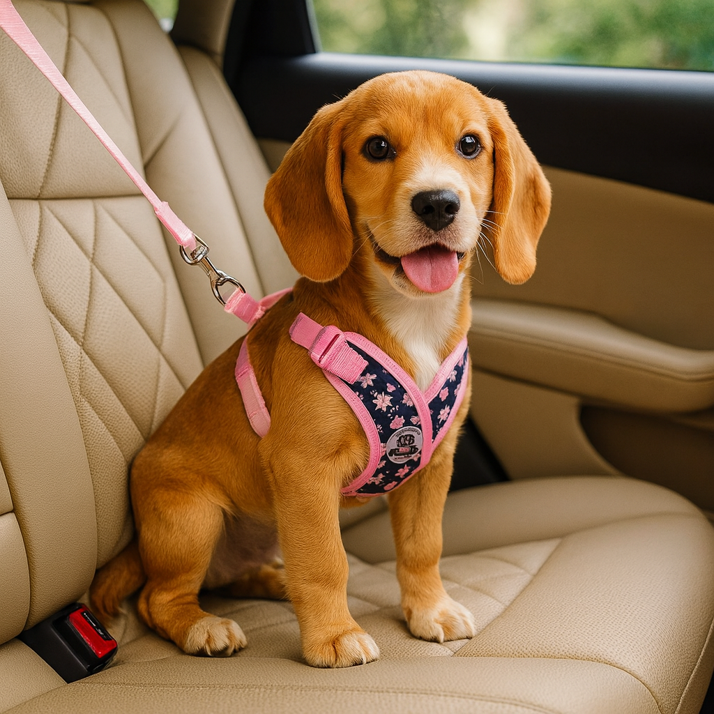 Harnais chiot rose et à fleur rose assis sur la banquette arrière d'une voiture. Image produit Boutiquechien