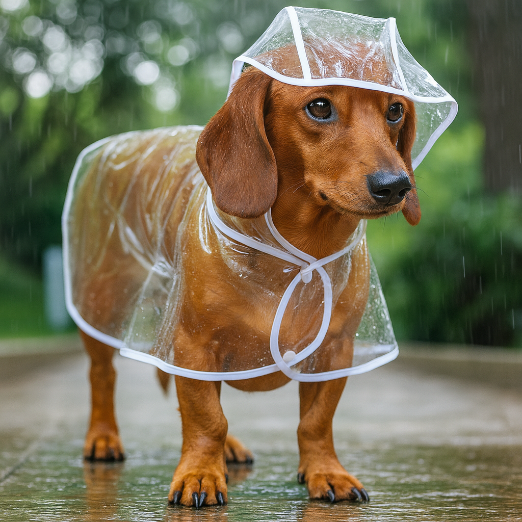 chien brun avec un imperméable blanc et transparent sous une pluie battante. Le chien marche sur des bétons dans une ville avec atour de lui des arbres et de l'herbe . Image produit Boutiquechien Image
