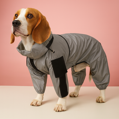 chien de taille moyenne de couleur bru net blanc avec un impermeable de couleur gris reflechissant. Image produit Boutiquechien