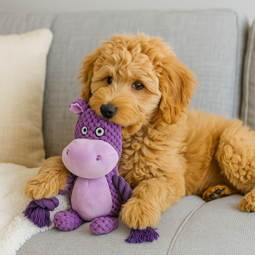 Petit chien brun sur un canapé gris jouant avec une peluche de couleur rose en forme d'hippopotame. Image produit Boutiquechien
