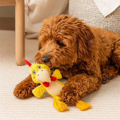 chien brun couché sur un sol de couleur claire, jouant avec un coq de couleur jaune et rouge. Image produit Boutiquechien