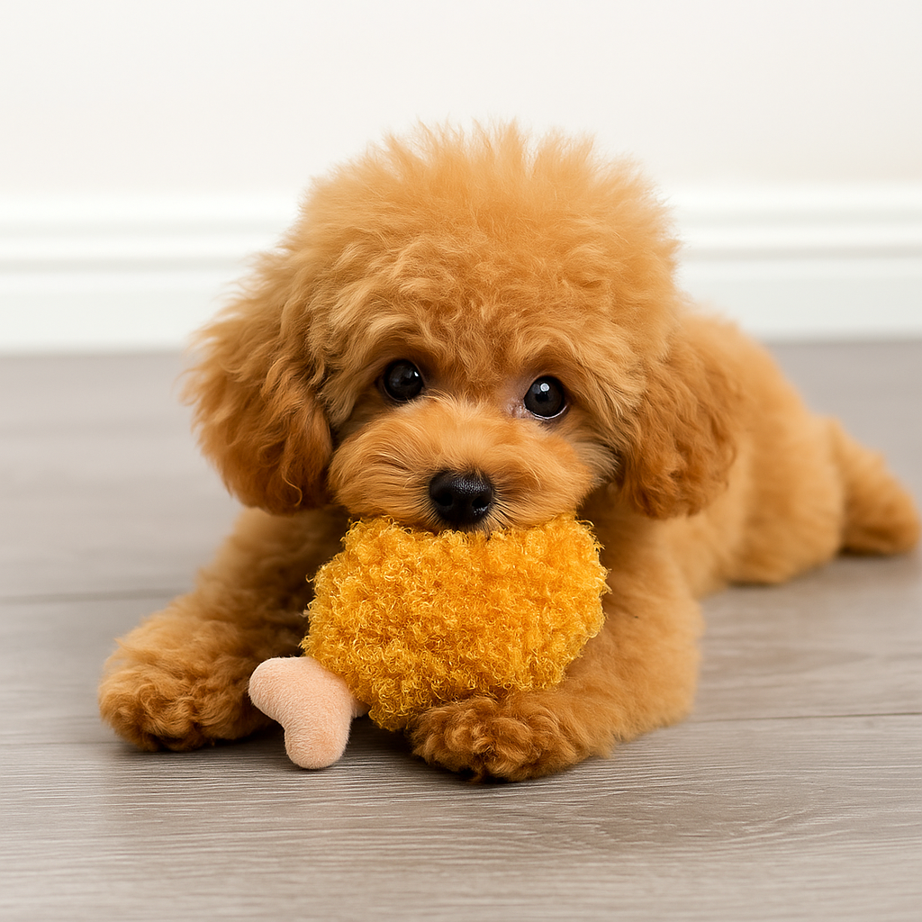 chien brun jouant avec son pignon de poulet peluche. Image produit Boutiquechien