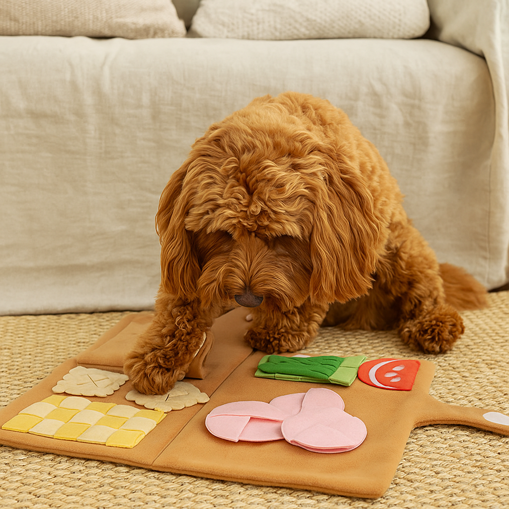 Chien brun jouant avec son tapis de fouille complet d'un repas avec en fond un canapé de couleur blanc. image produit  Boutiquechien