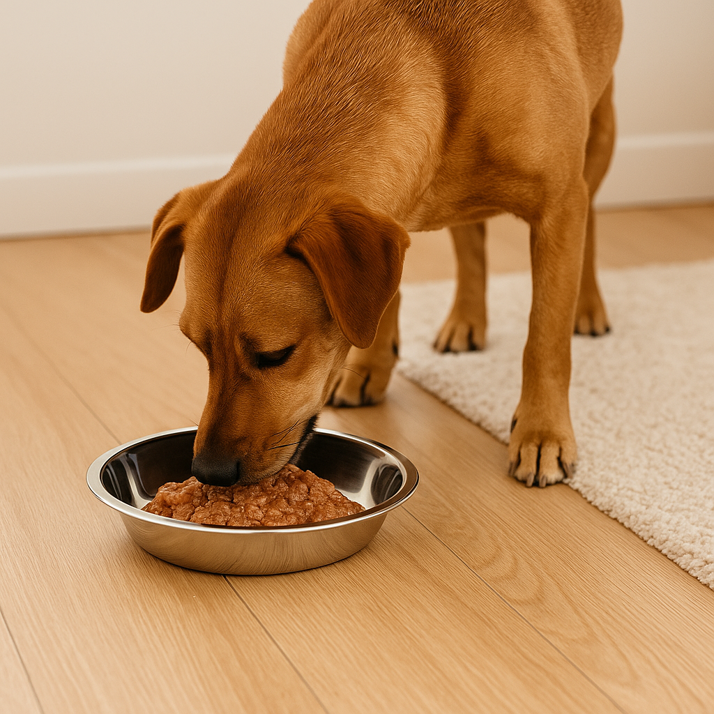 chien brun mangeant de la pâté pour chien de couleur brune dans sa gamelle en inox. Le chien est dans une pièce claire sur un parquet et un tapis blanc. Image produit Boutiquechien