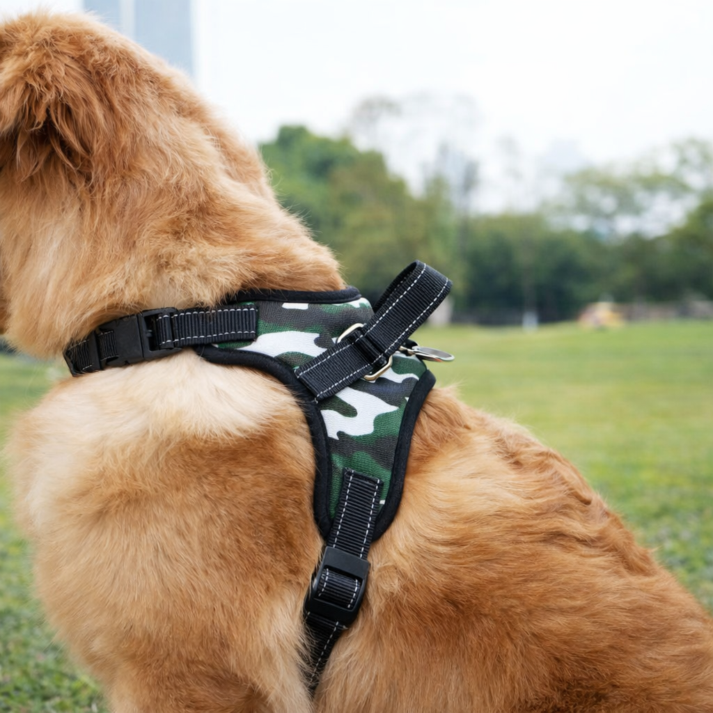 harnais chiot kaki et noir dans un parc de couleur vert avec en fond un building Image