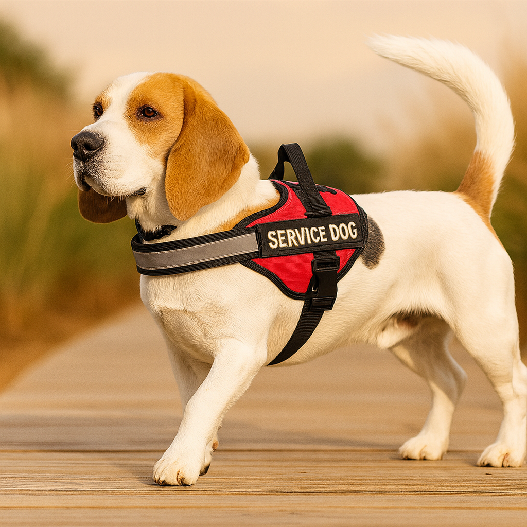 Chien de couleur blanc et brun claire portant un harnais de couleur rouge et noir. Le chien est debout sur des planches