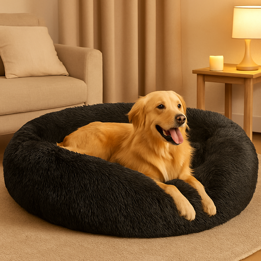 golden retriever roux couché dans un panier fluffy pour chien de couleur pour grand chien xl et xxl. Le panier est dans un salon de couleur blanc et bois. Image produit de boutiquechien