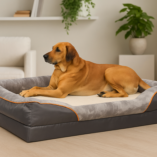 grand chien brun couché sur un canapé panier de couleur noir avec en fond des plantes vertes. Image produit Boutiquechien