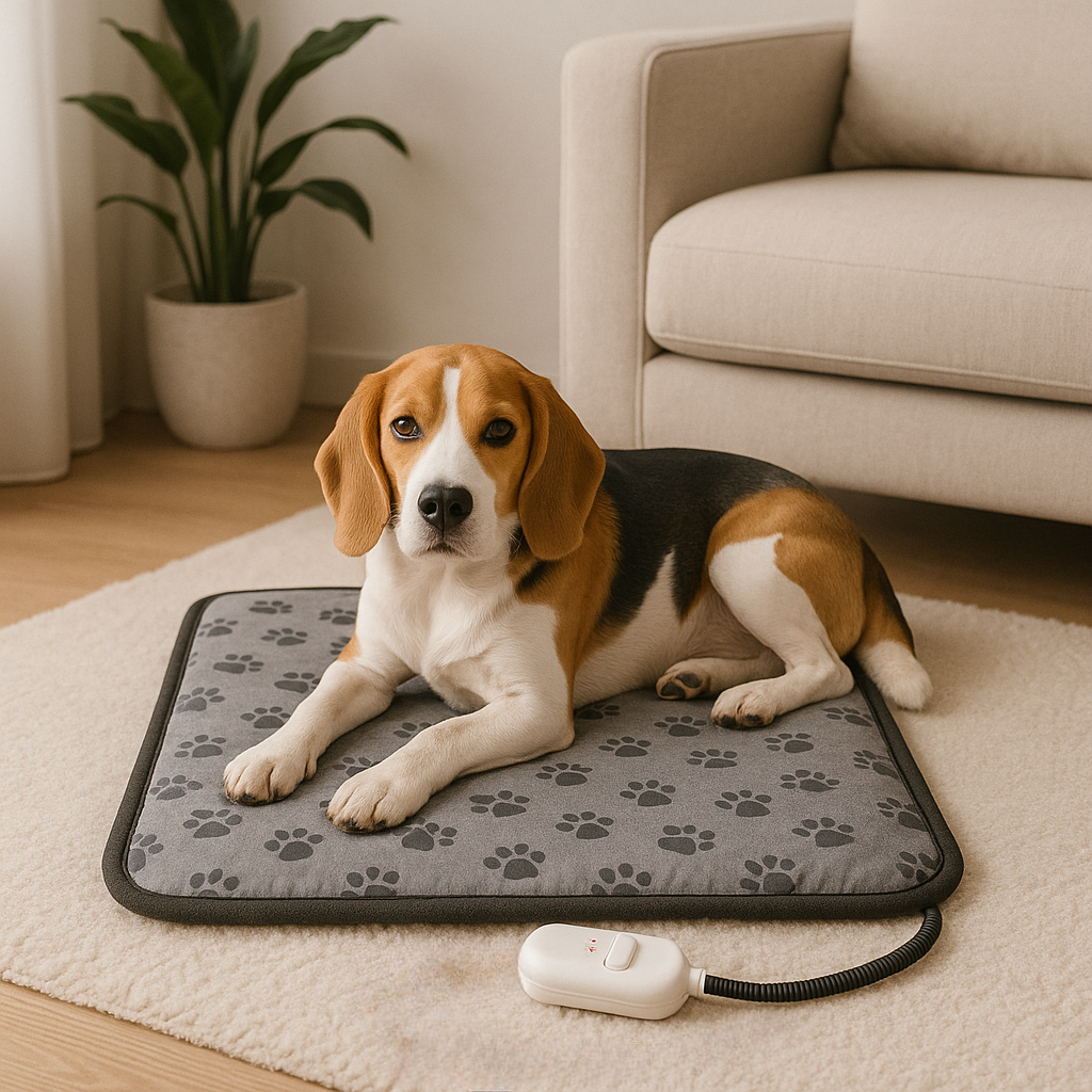 Petit chien brun noir et blanc couché sur un tapis chauffant de couleur gris avec des pattes dessus. Le chien est couché près d'un canapé blanc et d'une plante verte. Image produit Boutiquechien Image