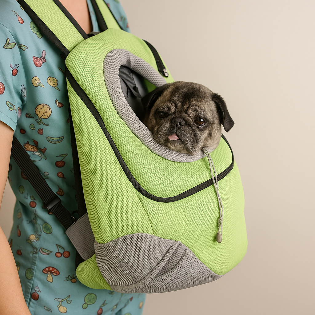 petit buldog dans un sac de transport de couleur vert et gris porté par une femme habillé d'une robe bleu avec des formes dessus. Image produit Boutiquechien