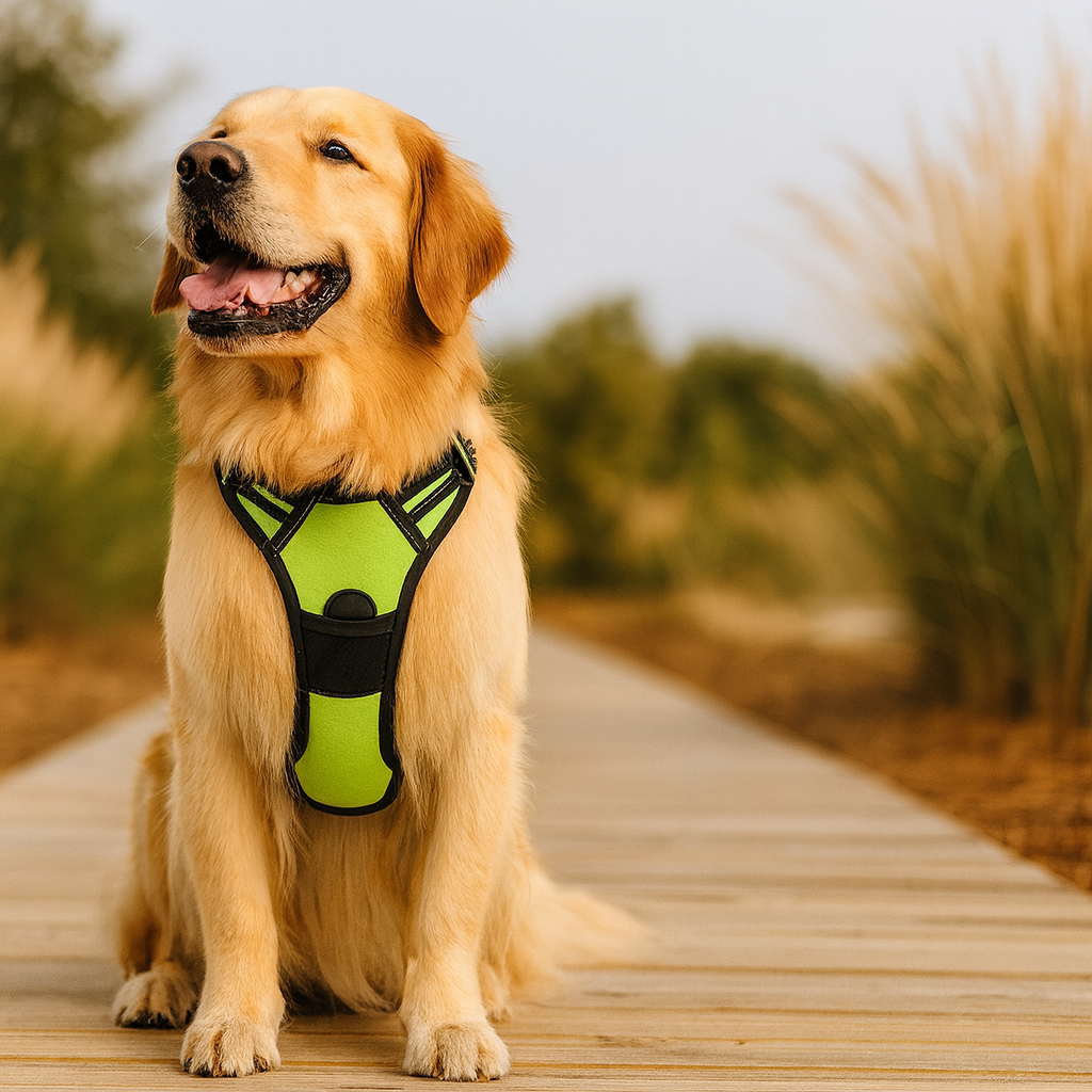 chien de couleur claire avec un harnais de sécurité de couleur jaune et noir. Le chien est assis sur une allé en bois. Image produit Boutiquechien