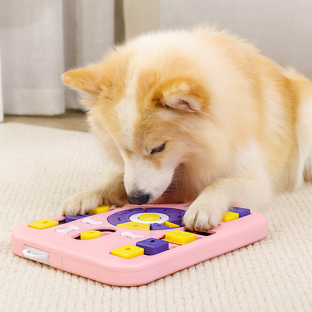 Chien de couleur blanc et brun jouant avec son puzzle pour chien rectangulaire de couleur rose et violet. Le chien est couché sur un tapis blanc avec en fond un rideau blanc. Image produit Boutiquechien