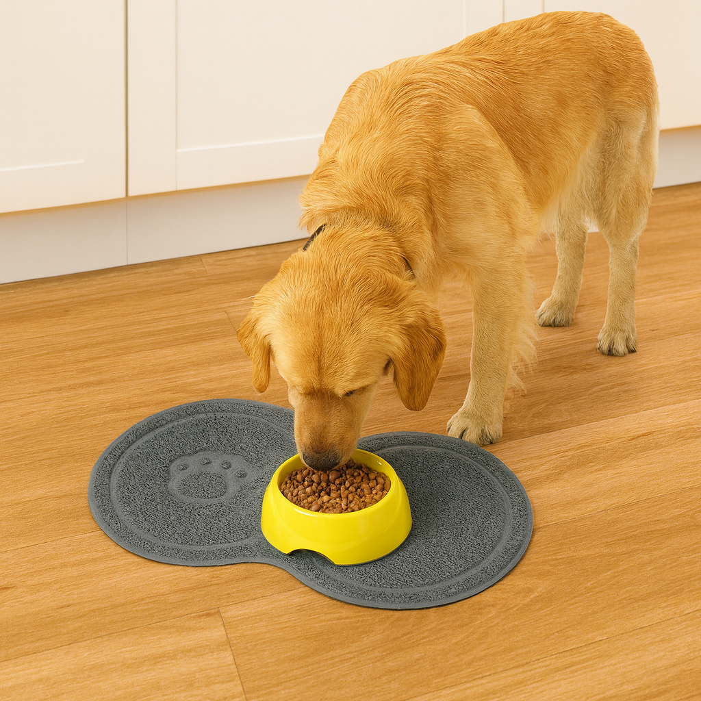 chien de couleur claire mangeant dans une gamelle en plastique de couleur jaune. le chien est debout dans une cuisine de couleur claire. Sous la gamelle il y a un tapis gamelle de couleur gris