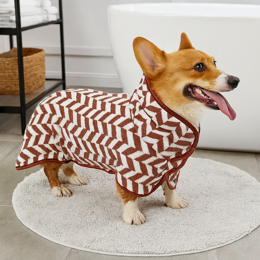Corgi de couleur claire mouillé portant un peignoir pour chien de couleur rouge et blanc. Le chie est dans une salle de bain avec en fond une baignoire blanche. Image produit Boutiquechien Image