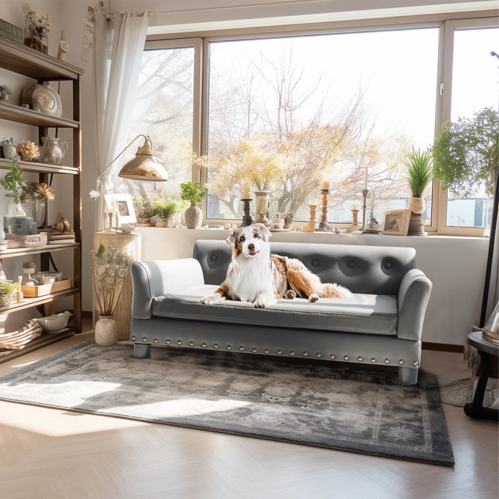 canapé pour chien blanc et brun couché sur un canapé de couleur gris avec une grande fenêtre. Cette pièce possède énormément de pièce. Image produit Boutiquechien