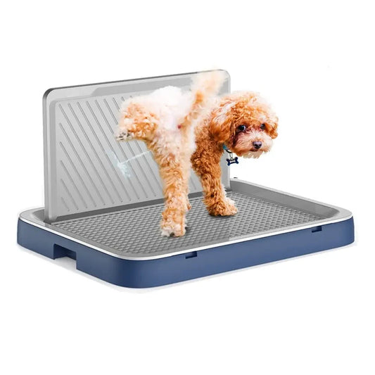 Tapis de propreté pour chiot de couleur gris et bleu avec b chien burn urinant dessus. Image produit Boutiquechien