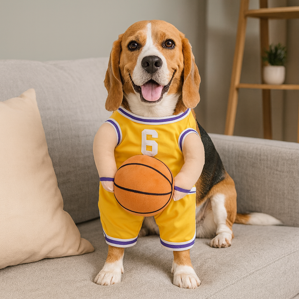 Chien moyen de couleur brun et noir portant un déguisement de basketteur de couleur jaune. Le déguisement tient un ballon de basket orange. Le chien est assis sur un canapé de couleur gris près d'un meuble en bois. Image produit Boutiquechien Image