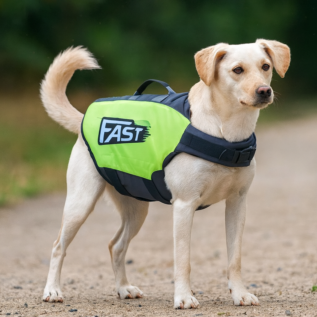 Chien de taille moyenne de couleur blanc portant un gilet de sauvetage de couleur vert et gris. Le chien est sur un chemin en gravier. Image produit Boutiquechien