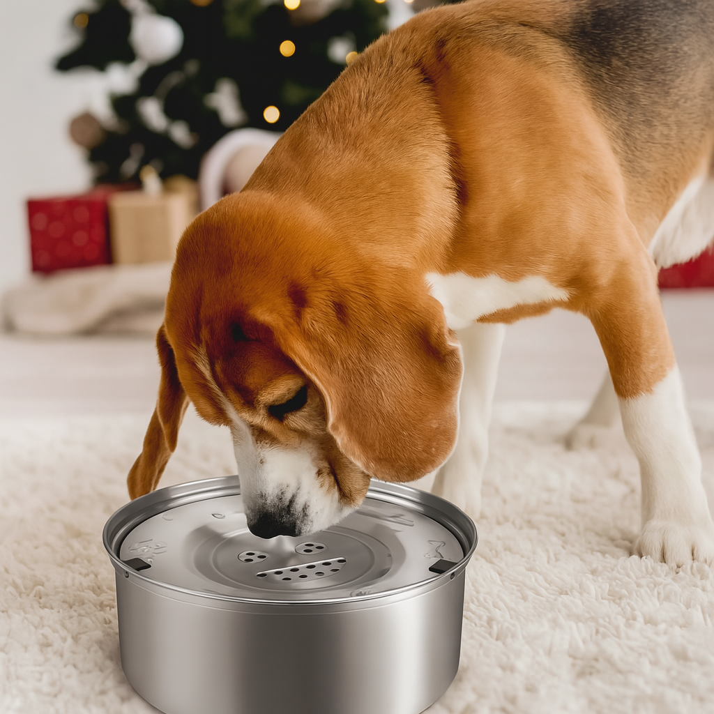 chien de moyenne taille de couleur brun et blanc buvant dans une fontaine d'eau en inox. En fond il y a un sapin de noël. Image produit Boutiquechien