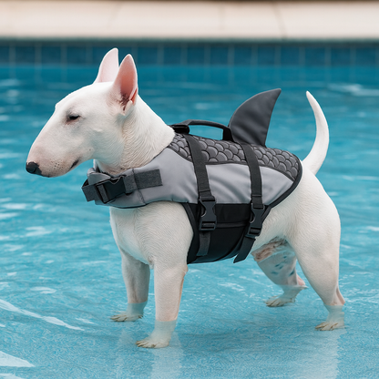 chien de petite taille de couleur blanc dans une piscine. Le chien porte un gilet de sauvetage de couleur noir. Image produit Boutiquechien