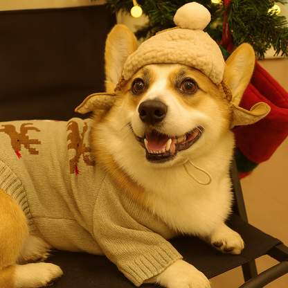 Chien de taille moyenne de couleur blanc et brun avec en fond un sapin de Noel. Image produit Boutiquechien