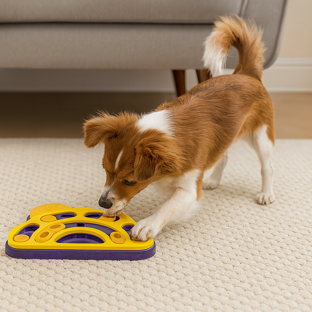 Chien de taille moyenne de couleur brun et blanc jouant avec son puzzle jaune et violet en forme de nuage. Le puzzle est posé dans un salon de couleur claire avec en fond un canapé gris. image produit Boutiquechien Image