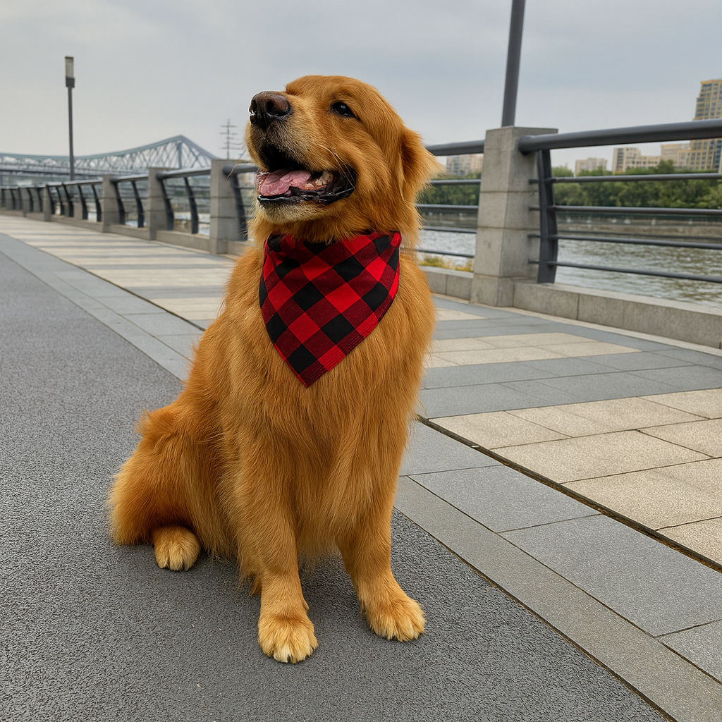 chien de grande taille dans une ville près d'une rivière assis. Le chien porte un bandana pour chien à carreau de couleurs rouge et noir. Image produit Boutiquechien