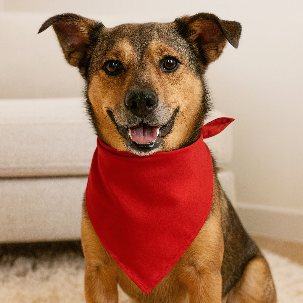 chien de taille moyenne de couleur claire assis devant un canapé de couleur gris. Le chien porte un bandana de couleur rouge. Image produit Boutiquechien Image