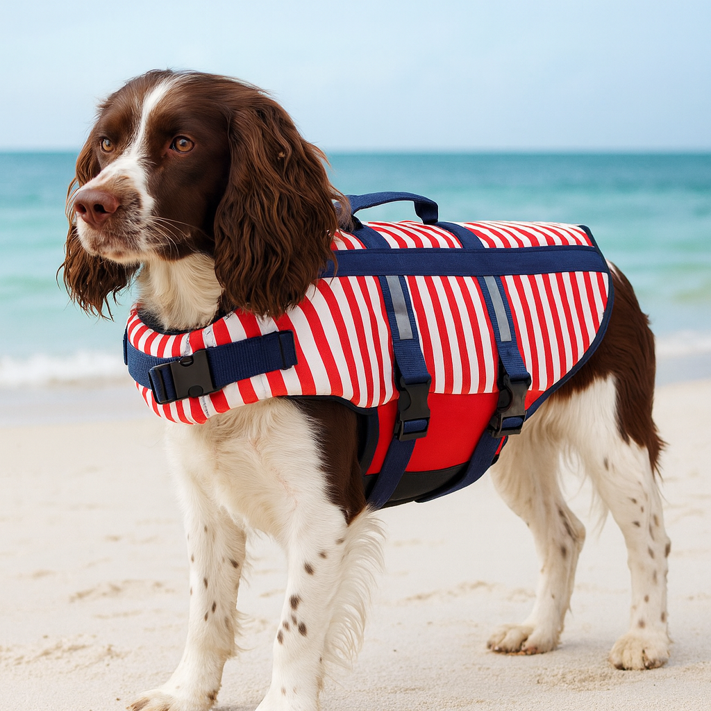 Chien de taille moyenne de couleur blanc et brun portant un harnais de sauvetage de couleur rouge et rayé blanc avec des lanières bleu. Le chien est sur une plage avec en fond la mer. Image produit Boutiquechien Image