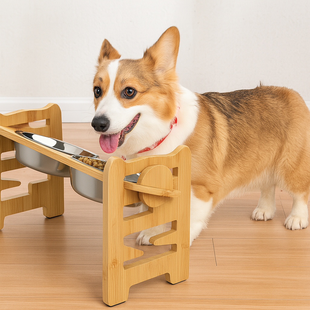 Corgi brun et blanc mangeant dans une gamelle chien double réglable. Image produit Boutiquechien