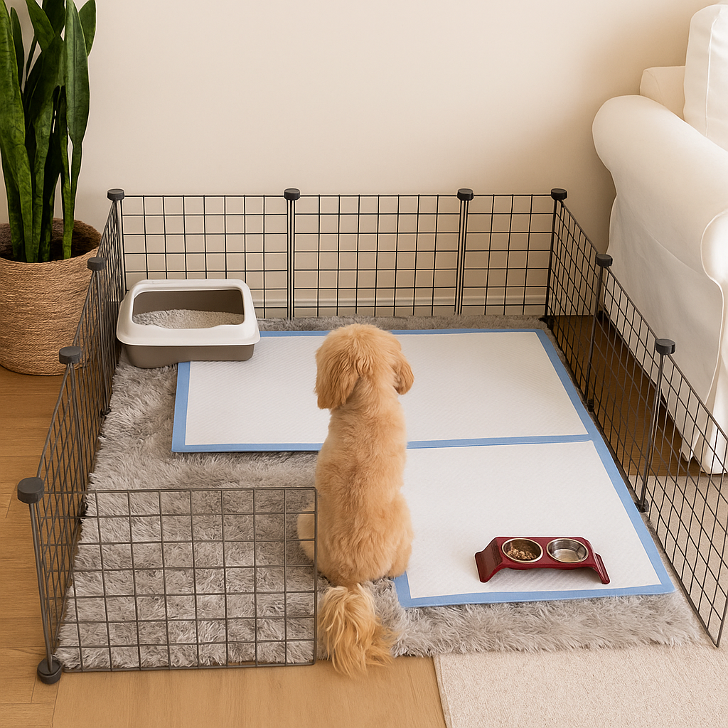 chiot blanc assis dans une cage pour chine de couleur gris avec en fond une litière, des tapis de propreté et une plante vert. Image produit Boutiquechien
