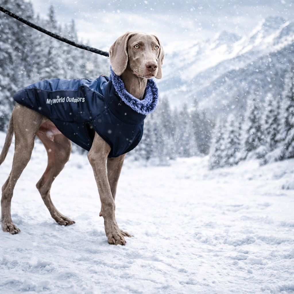 Harnais gros chien hiver sur un chien de couleur gris dans la neige blanche 
