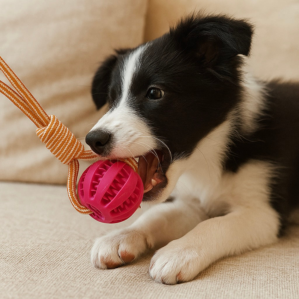 chiot jouant avec un jouet en corde résistant et durable à friandise de couleur rose. Image produit Boutiquechien