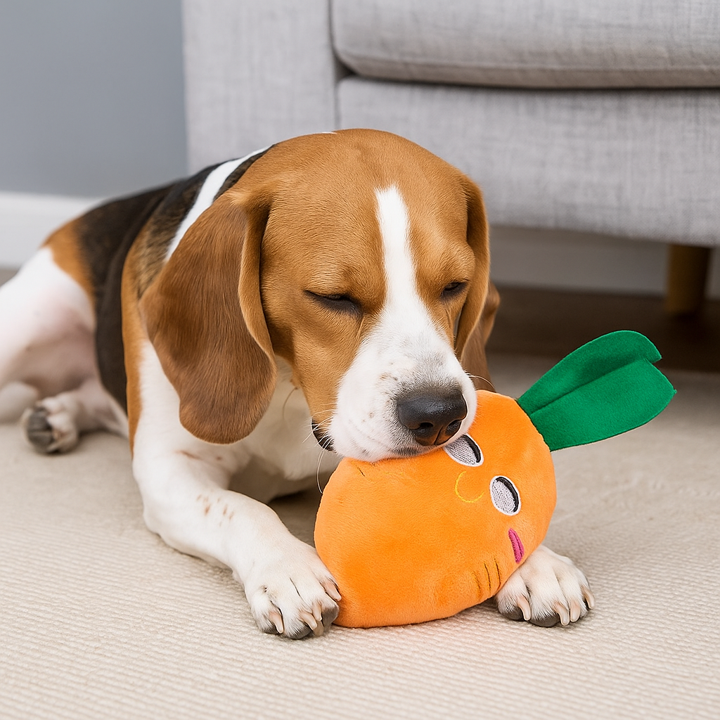 Chien brun et blanc jouant avec sa peluche carotte orange couché par terre avec en fond un canapé gris. Image produit Boutiquechien