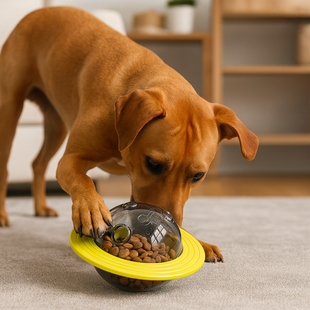 chien de couleur brun jouant avec sa balle à friandise pour chien de couleur jaune. Le chien est de couleur brun et il est debout. En fond il y a un canapé blanc et un meuble en bois. Image produit Boutiquechien Image