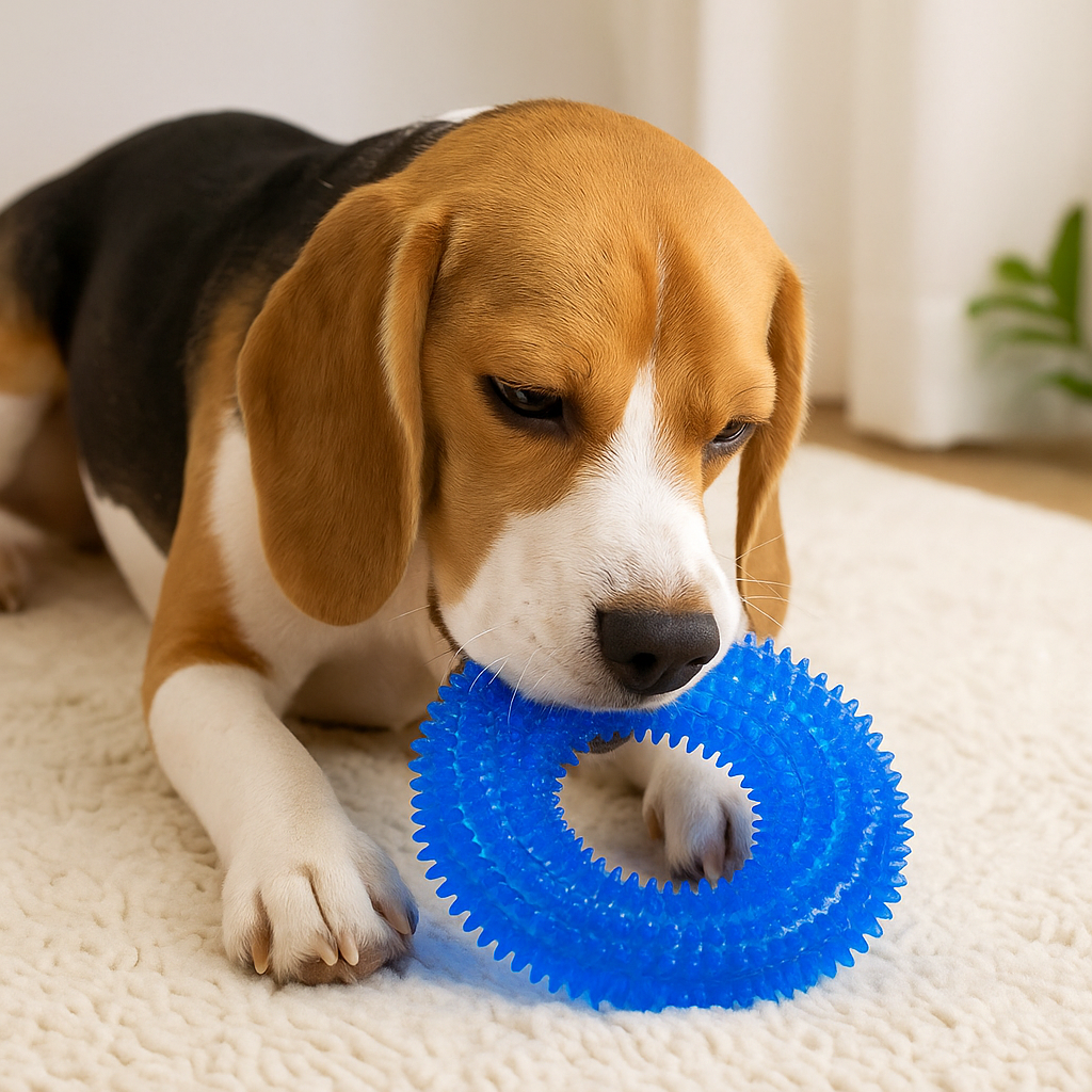 chien jouant avec son anneau de couleur bleu couché sur un tapis de couleur blanc. image produit Boutiquechien Image