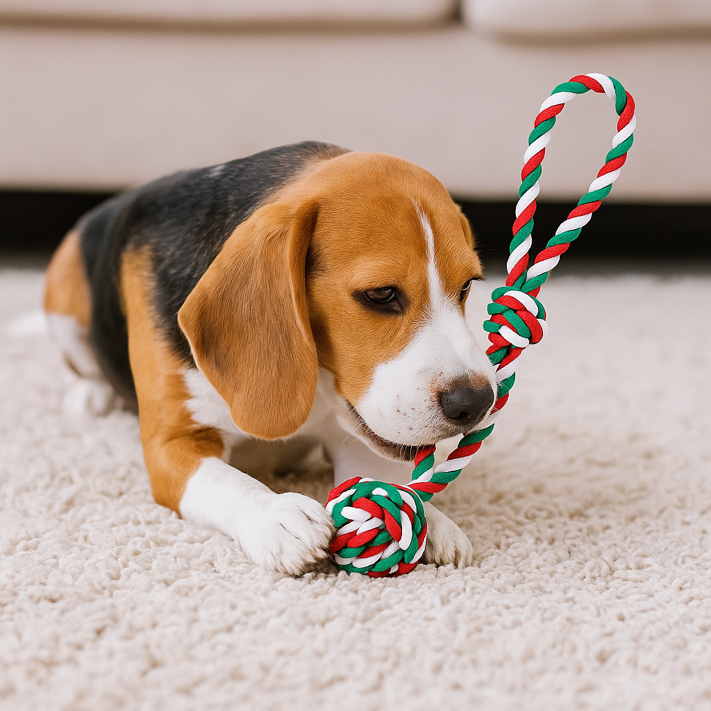 Chein jouant avec sa balle à poignée parfait pour tous les chiens qui mâchouille. Jouet en corde résistant de Boutiquechien 