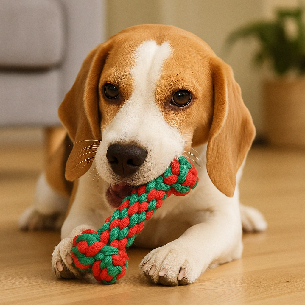 Chien de couleur blanc et roux qui mordille un os en corde vert et rouge couché dans un salon de couleur gris. Image produit Boutiquechien 