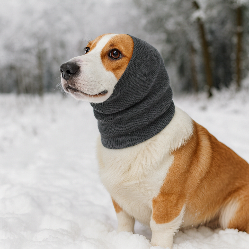 chien de couleur brun et blanc avec un cache cou et oreille de couleur gris. Le chien est assis dans al neige blanche avec en fond des arbres couvert de neige. Image Produit Boutiquechien Image