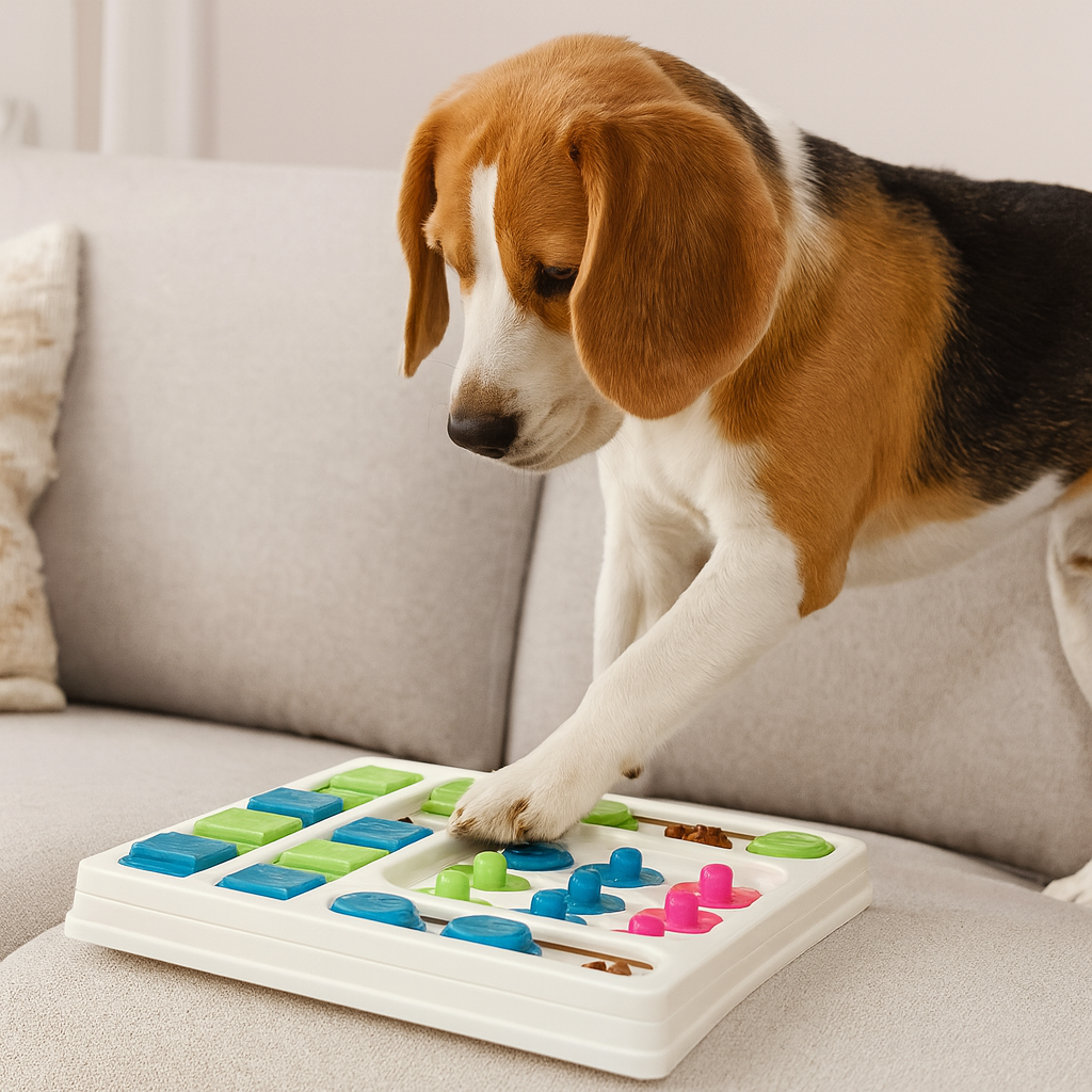 Chien de taille moyenne brun et blanc jouant avec son puzzle pour chien blanc sur un canapé gris. Image produit Boutiquechien