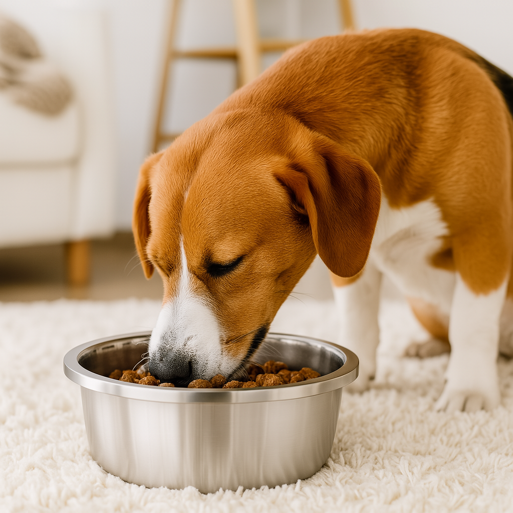 Chien moyen de couleur brun et blanc avec une gamelle premium en inox. La gamelle est posé dans un salon de couleur claire sur un tapis blanc. Le produit est dans un salon de couleur claire avec en fond un canapé blanc. Image produit Boutiquechien