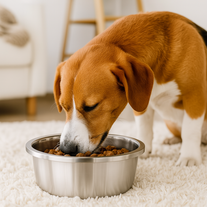 Chien moyen de couleur brun et blanc avec une gamelle premium en inox. La gamelle est posé dans un salon de couleur claire sur un tapis blanc. Le produit est dans un salon de couleur claire avec en fond un canapé blanc. Image produit Boutiquechien