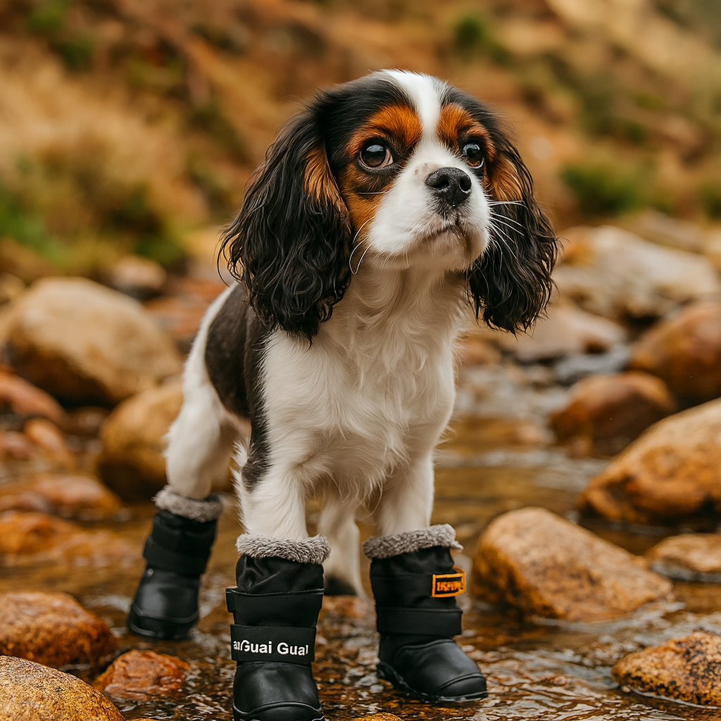 Chien de couleur blanc et noir marchant dans un petit ruisseau avec ses bottes pour chiens de couleur noir. Image produit Boutiquechien