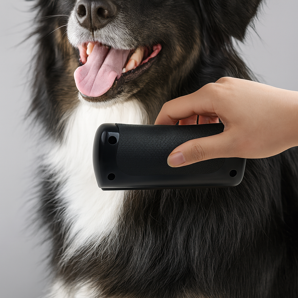 chien noir et blanc brossant son chien avec la brosse magique noir