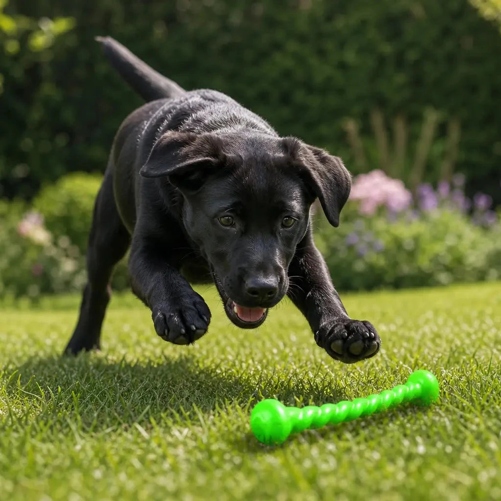 Chien jouant avec son os vert résistant. Le petit chien joue fans le jardin. Image produit Boutiquechien Image